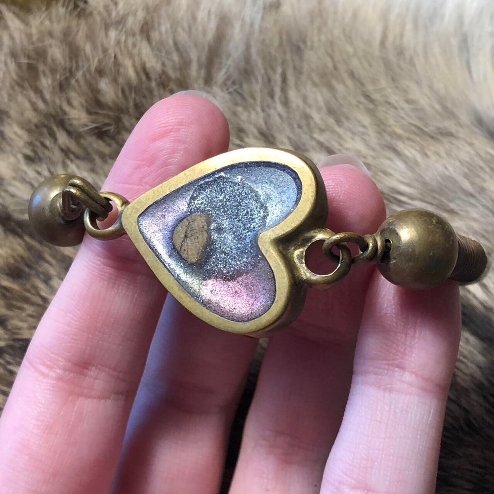 Vintage brass dichroic/fused glass heart bracelet